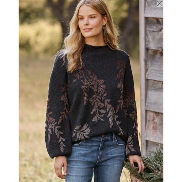 Garnet Hill SZ S Shimmering Floral Sweater Merino Wool/Cotton Relaxed Fit Gray - Picture 1 of 8